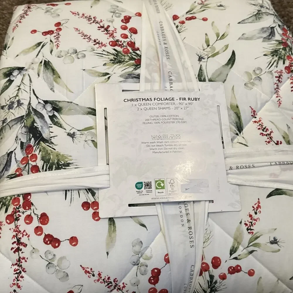 Cabbage and Roses Christmas Foliage Fir Ruby Queen Comforter Set 90”x90”